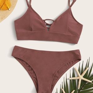 Solid Lace-Up Back Bikini Swimsuit